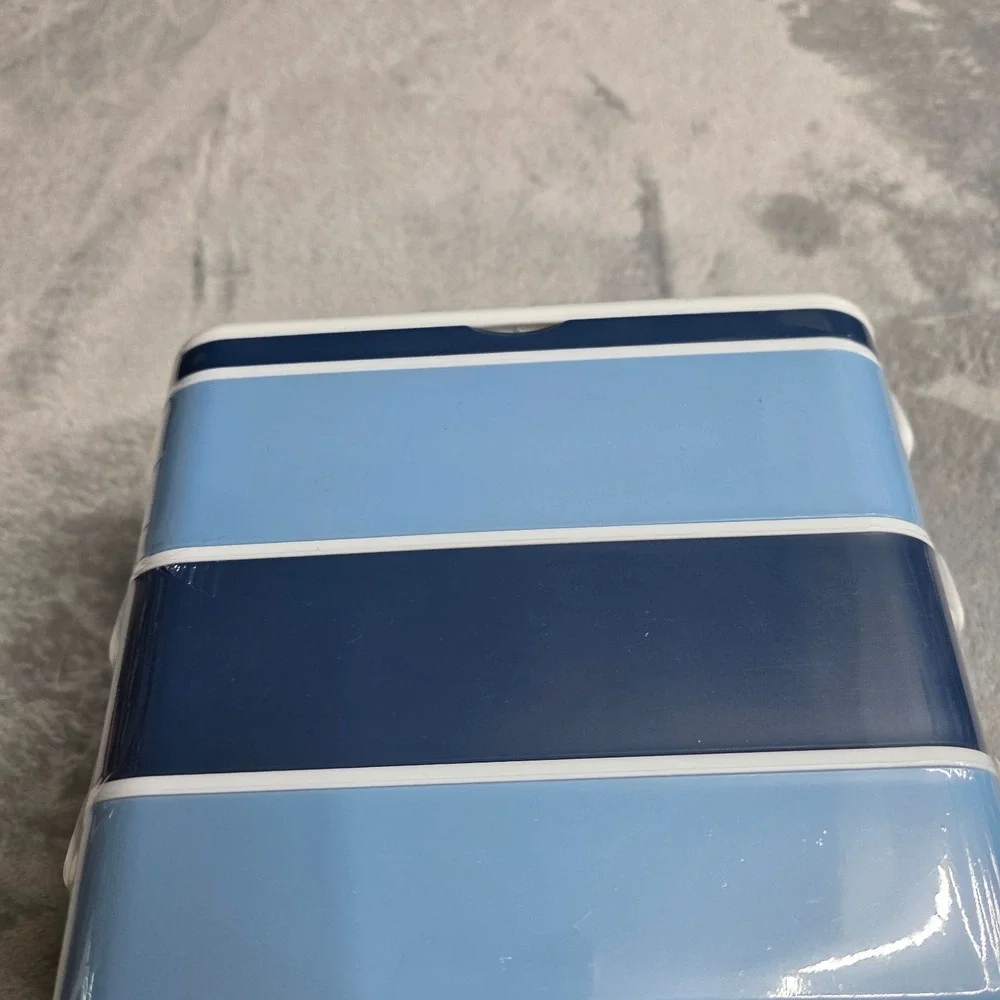 Tommy Bahama Blue Bento Box 3-Tiers, Leakproof With Handle And Utensils-NEW